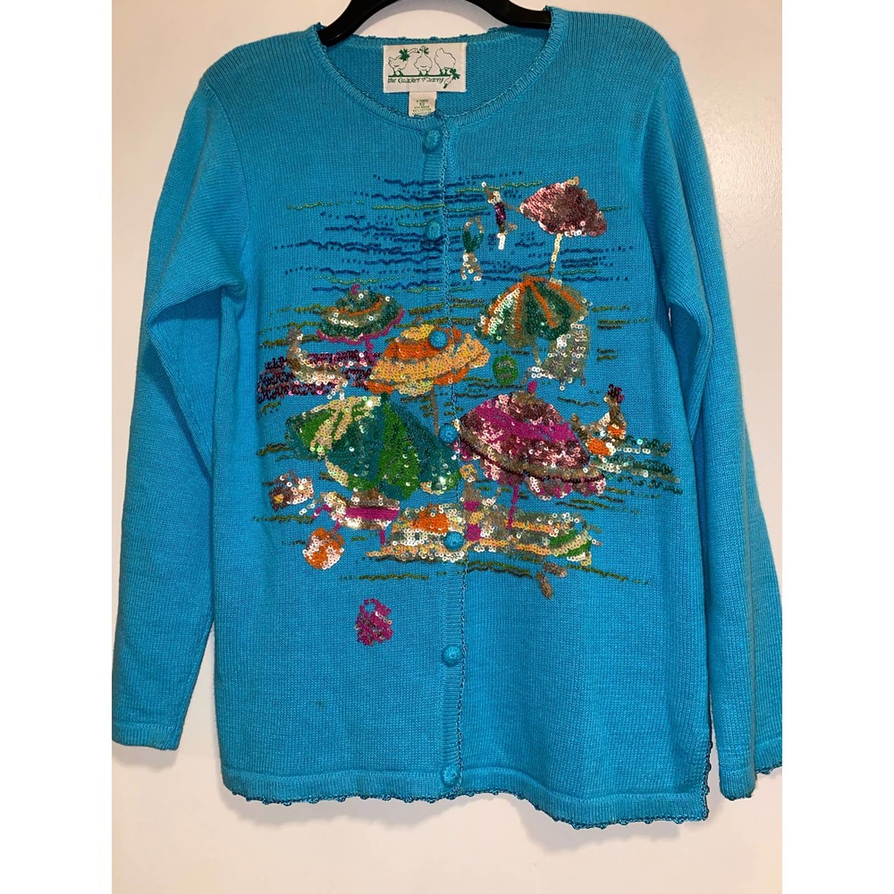 XS vintage Quacker Factory sequin beach scene cardigan sweater quirky unique